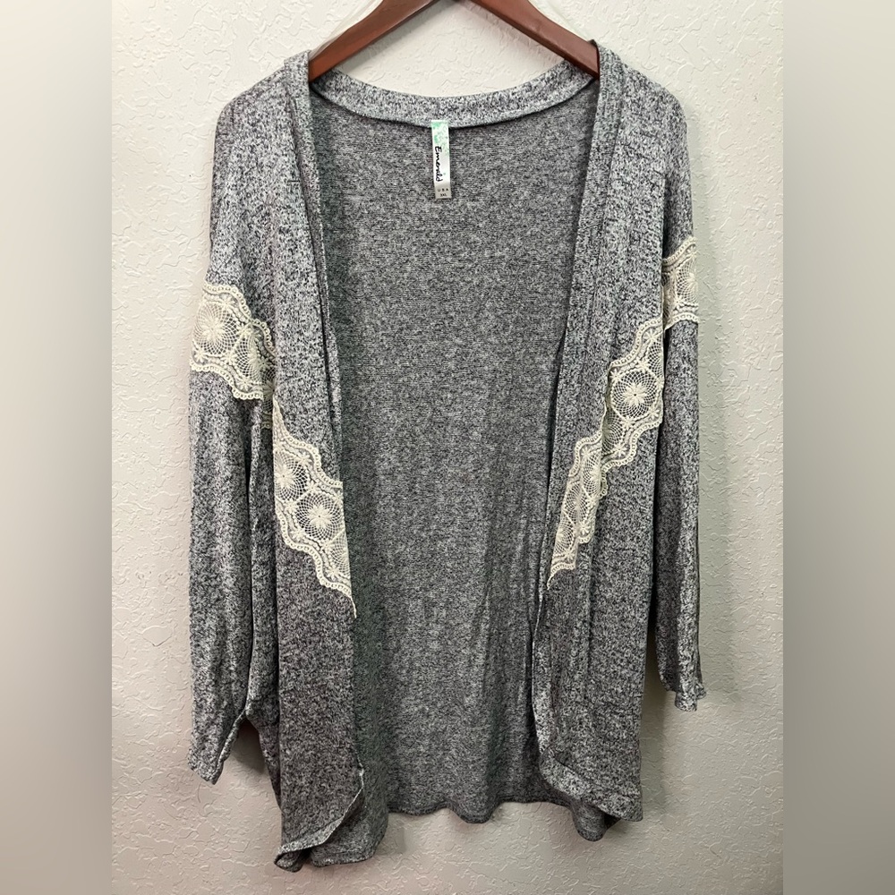 Emerald Gray Cardigan with Lace Accents